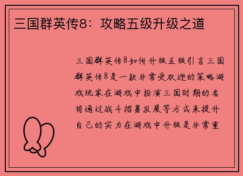 三国群英传8:攻略五级升级之道
